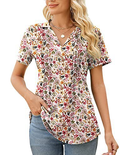 Camiseta informal de verano para mujer, con cuello en V y manga corta en blanco