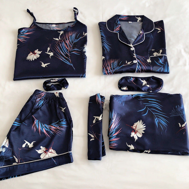 Conjunto de pijama fino de siete piezas con estampado de rayas informal sencillo para mujer