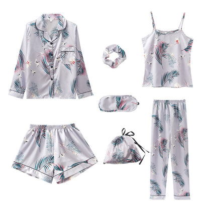 Conjunto de pijama fino de siete piezas con estampado de rayas informal sencillo para mujer
