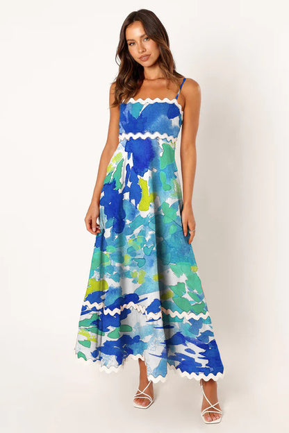 Women Casual Summer Vacation Floral Color Blocking Maxi Sun Dress