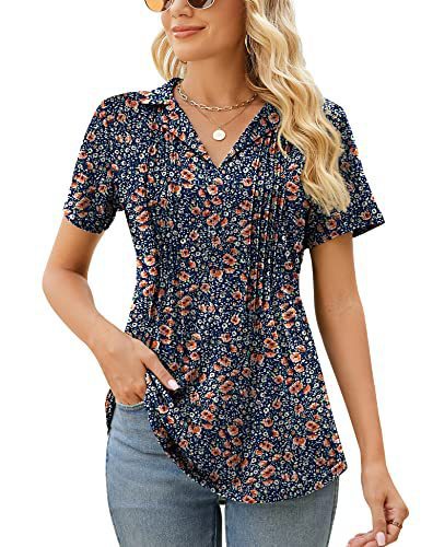 Camiseta informal de verano para mujer, con cuello en V y manga corta en blanco