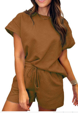 Conjunto de dos piezas informal para mujer, color liso, cuello redondo, manga corta, pantalones cortos con cordones