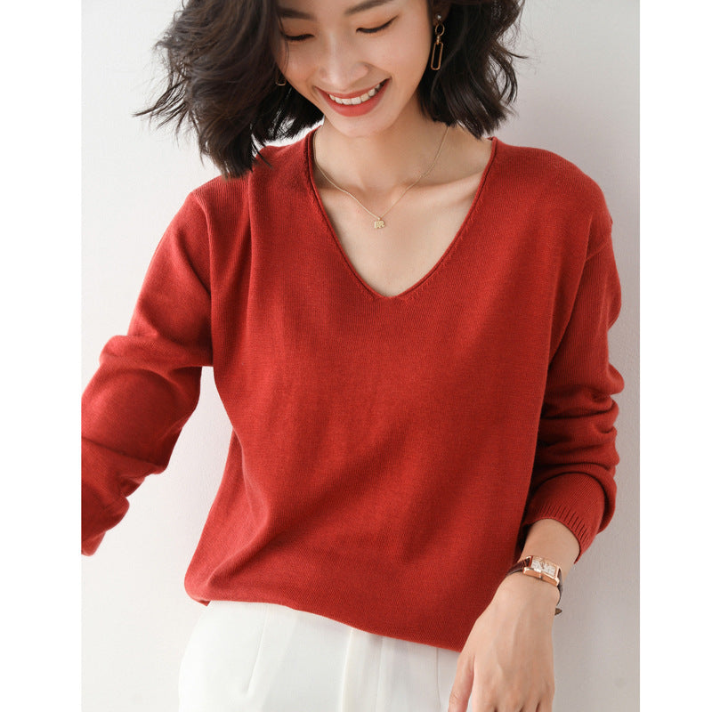 Women Fashion Casual Solid Color Round Neck V-Neck Long Sleeve Sweater
