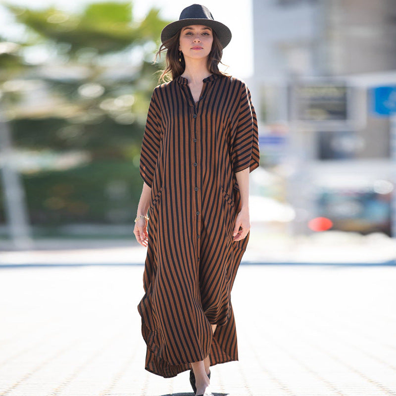 Women Casual Loose Stripe Leaf Feather Print Bikini Cover-Ups