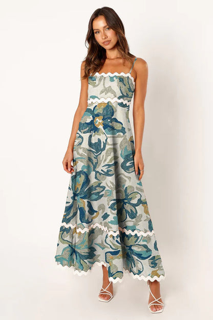 Women Casual Summer Vacation Floral Color Blocking Maxi Sun Dress