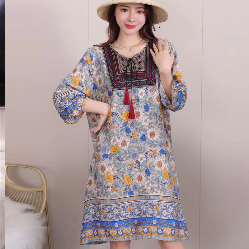 Vestido informal de manga larga con estampado étnico para mujer