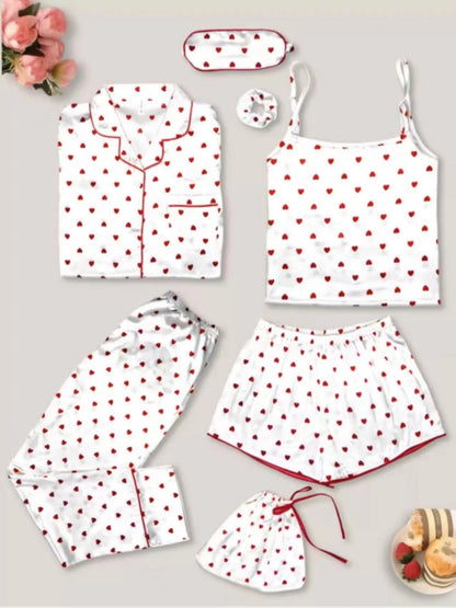 Conjunto de pijama fino de siete piezas con estampado de rayas informal sencillo para mujer