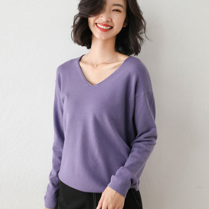 Women Fashion Casual Solid Color Round Neck V-Neck Long Sleeve Sweater