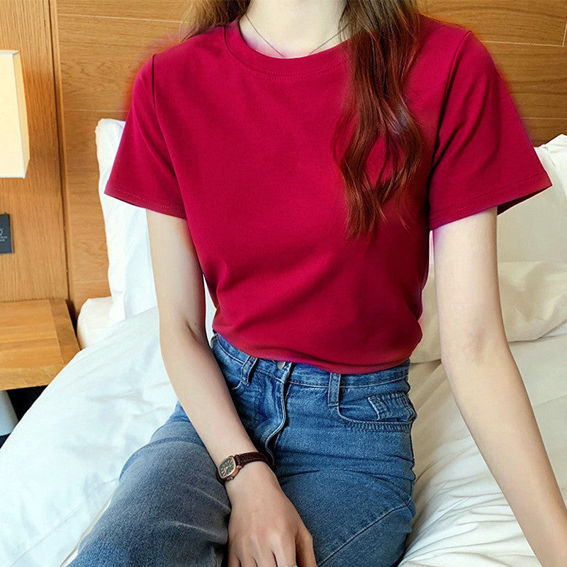 Camiseta básica informal de manga corta con cuello redondo y color liso para mujer
