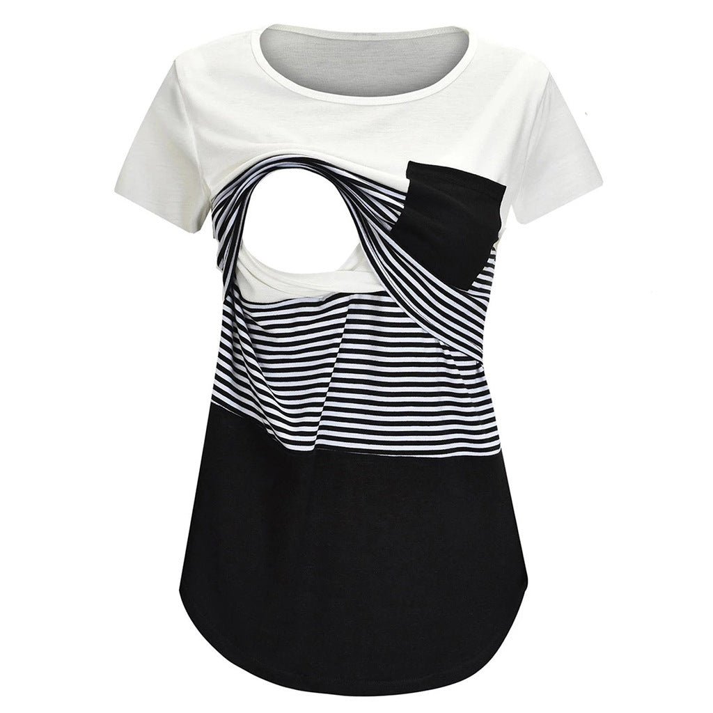 Summer Pregnant Women Fashion Casual Stripe Stitching Short Sleeve Breastfeeding Top