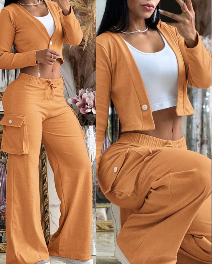 Women Casual Solid Color Long-Sleeved Crop Top Drawstring Wide-Leg Pants Two-Piece Set