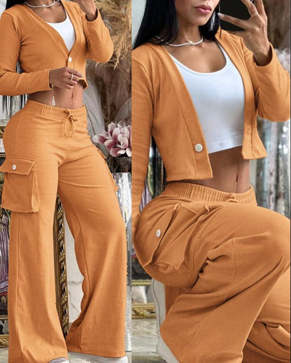 Women Casual Solid Color Long-Sleeved Crop Top Drawstring Wide-Leg Pants Two-Piece Set