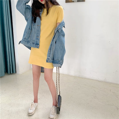 Women Fashion Casual Solid Color Slim-Fit Short Sleeve Dress
