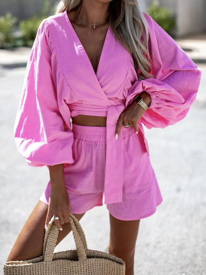 Conjunto de dos piezas de top y pantalones cortos de lino y algodón con cordones, manga larga, cuello en V, holgado e informal para mujer