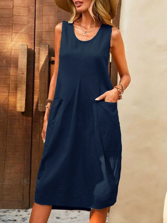 Women Casual Solid Color Cotton Linen Sleeveless Loose U-Neck Dress