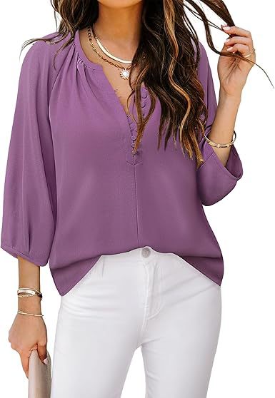 Blusa informal de gasa de color liso con cuello en V y manga larga para mujer