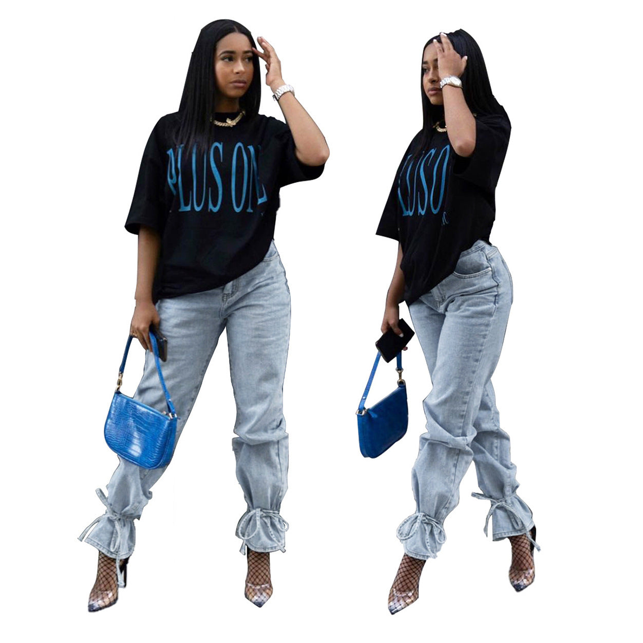 Vaqueros ajustados con volantes de color liso para mujer