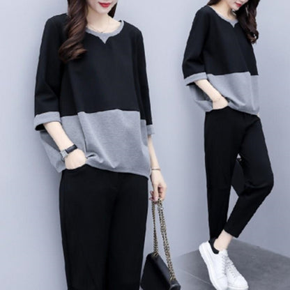 Conjunto informal de dos piezas con top y pantalón de bloques de color, holgado y de talla grande para mujer