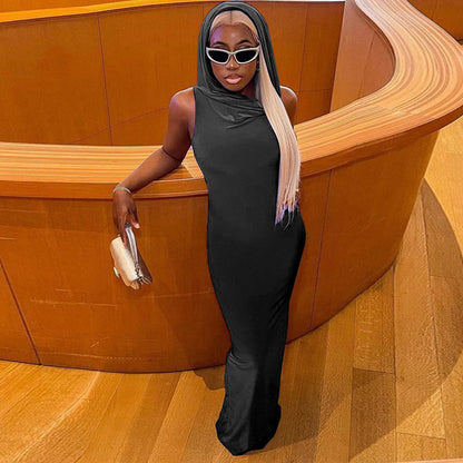 Women Fashion Casual Solid Color Hooded Elastic Sleeveless Slim Dress