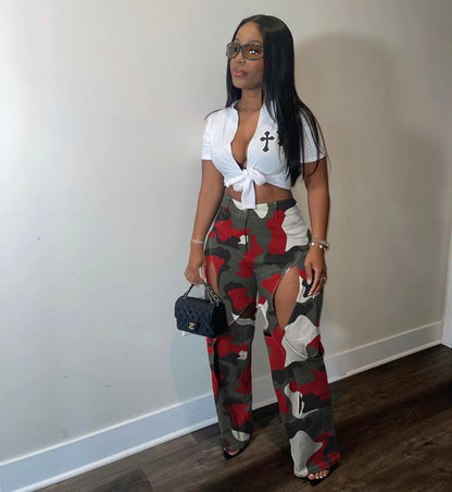 Women Fashion Casual Printed Cut Out Defined Waist Pants