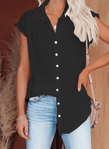Blusa informal holgada de color liso con solapa y botonadura sencilla sin mangas para mujer