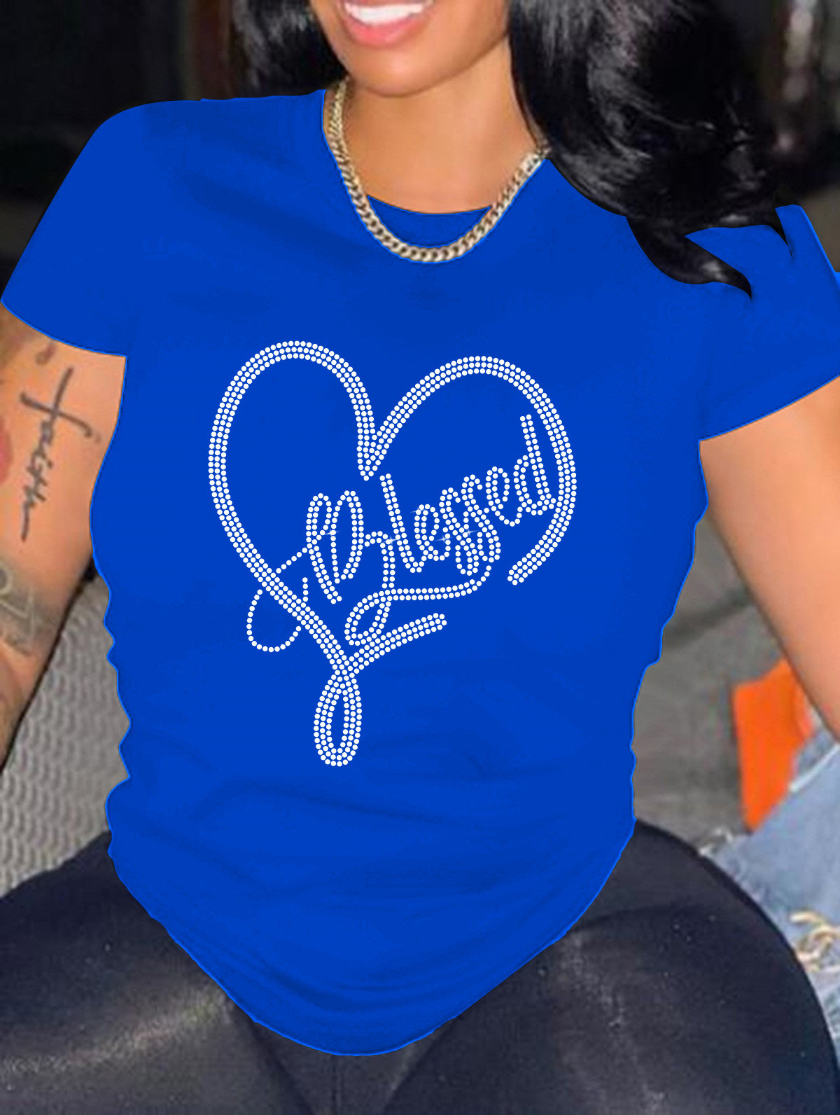 Camiseta informal holgada de talla grande para mujer, cuello redondo, manga corta, estampado de corazón de diamante