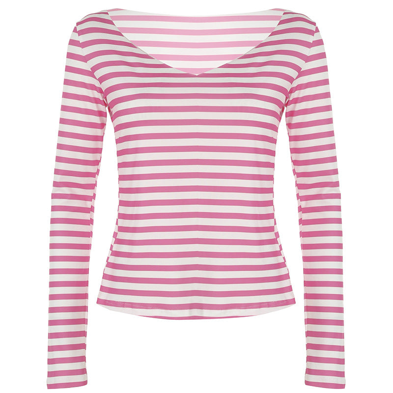 Camiseta informal de verano para mujer con cuello en V y estampado de rayas de manga larga