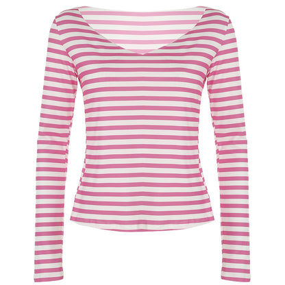 Camiseta informal de verano para mujer con cuello en V y estampado de rayas de manga larga
