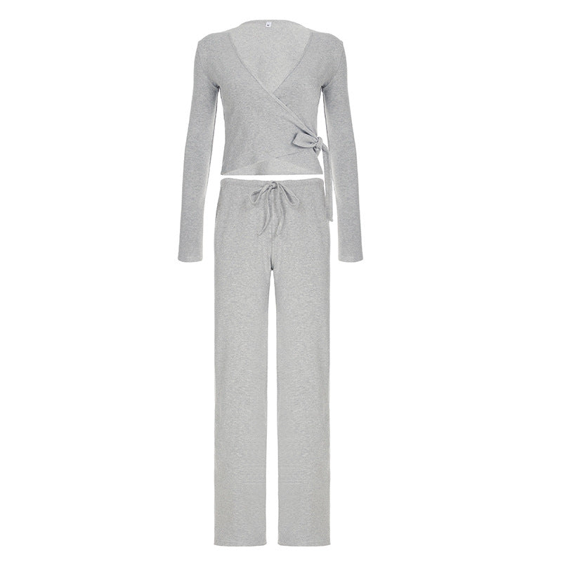 Conjunto de dos piezas de top informal con mangas abullonadas y pantalones holgados con forro polar para mujer