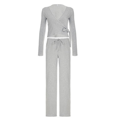 Conjunto de dos piezas de top informal con mangas abullonadas y pantalones holgados con forro polar para mujer