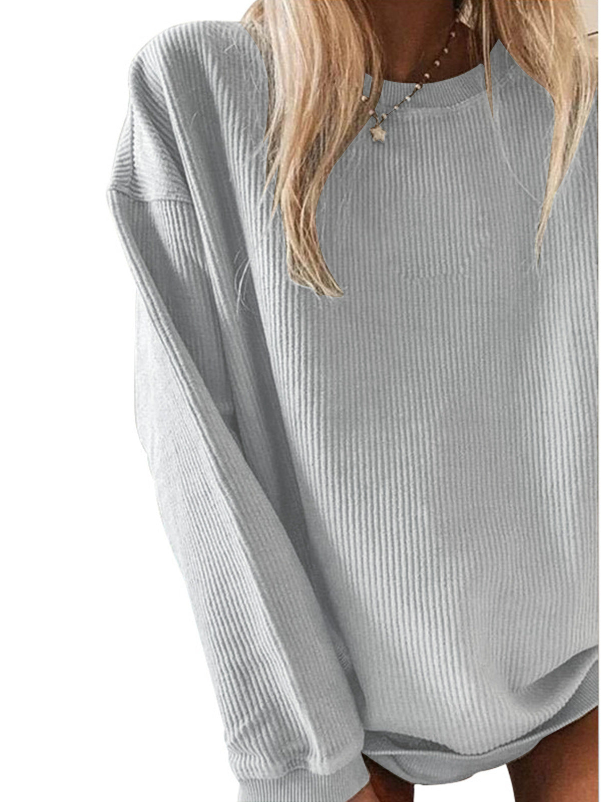 Sudadera informal de manga larga con cuello redondo y color liso para mujer