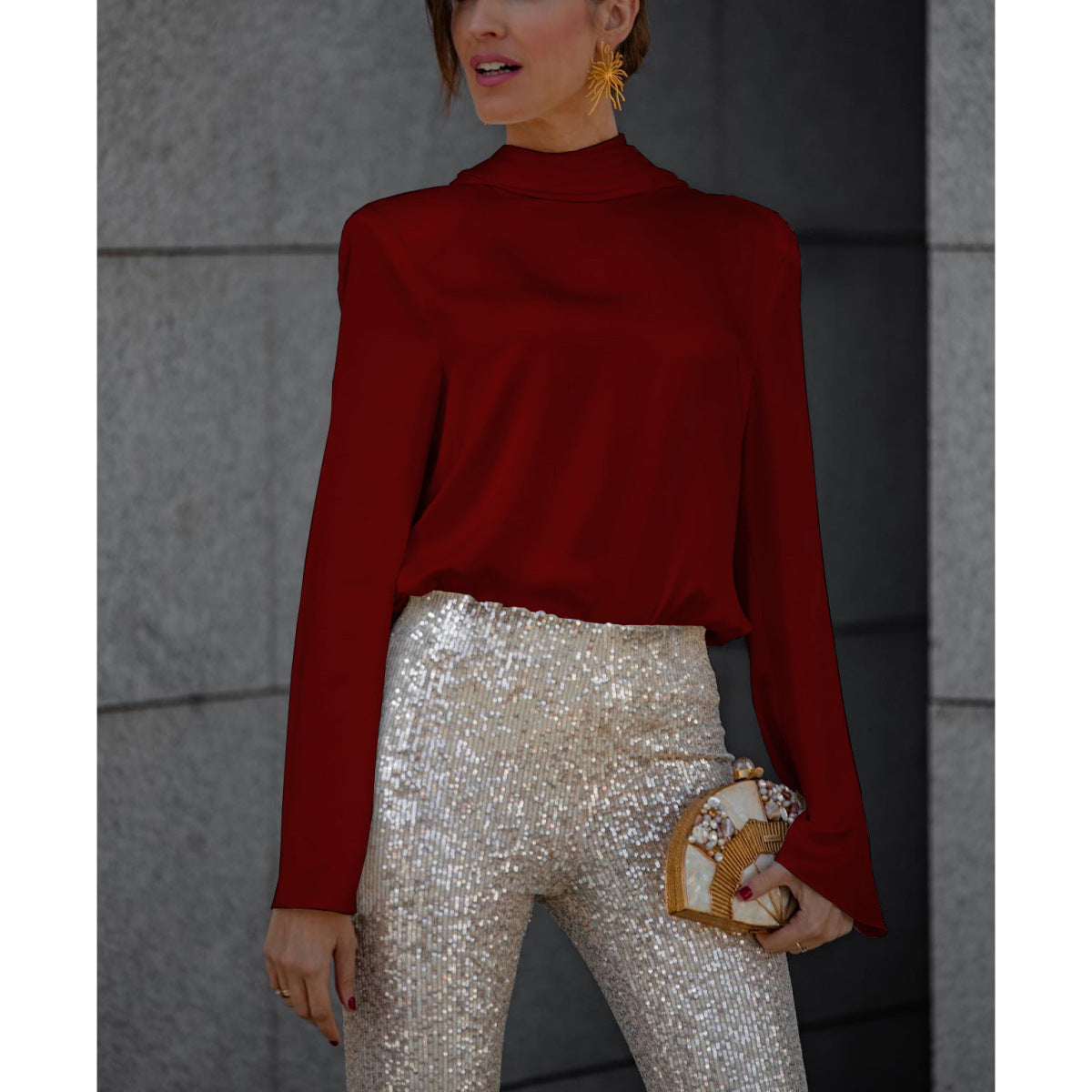 Camisa de manga larga holgada sin espalda de color sólido informal a la moda para mujer