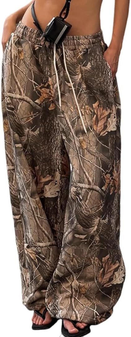 Women Fashion Casual Elastic Waist Camouflage Printed Wide Leg Pants