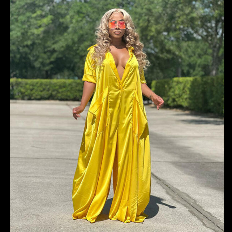 Women Casual Summer Elegant Short Sleeves Fashion Satin Solid Color Loose Jumpsuits