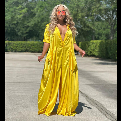 Women Casual Summer Elegant Short Sleeves Fashion Satin Solid Color Loose Jumpsuits