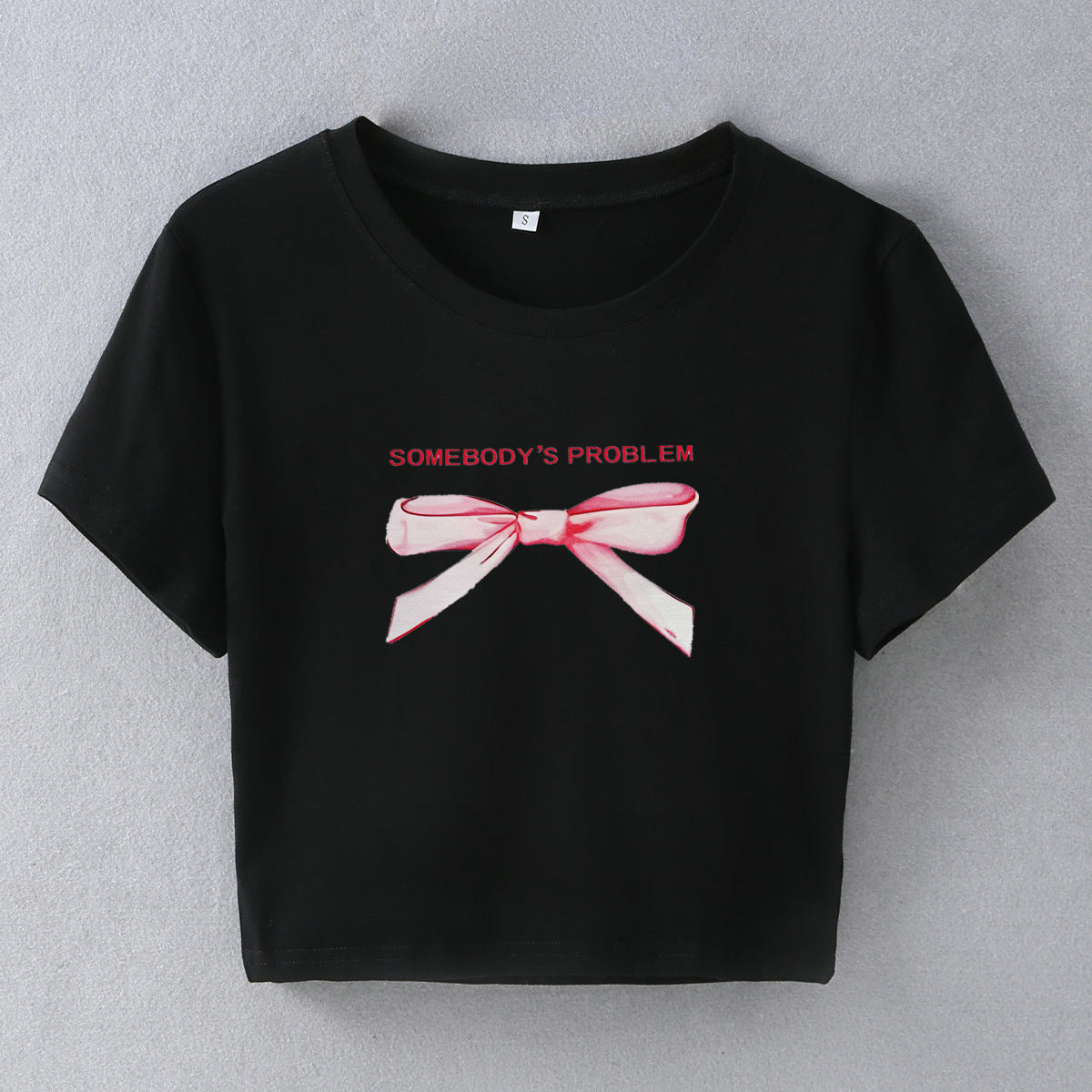 Camiseta corta de manga corta con cuello redondo y estampado de lazo informal de verano para mujer