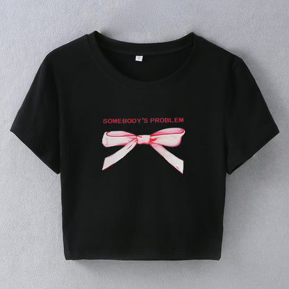 Camiseta corta de manga corta con cuello redondo y estampado de lazo informal de verano para mujer