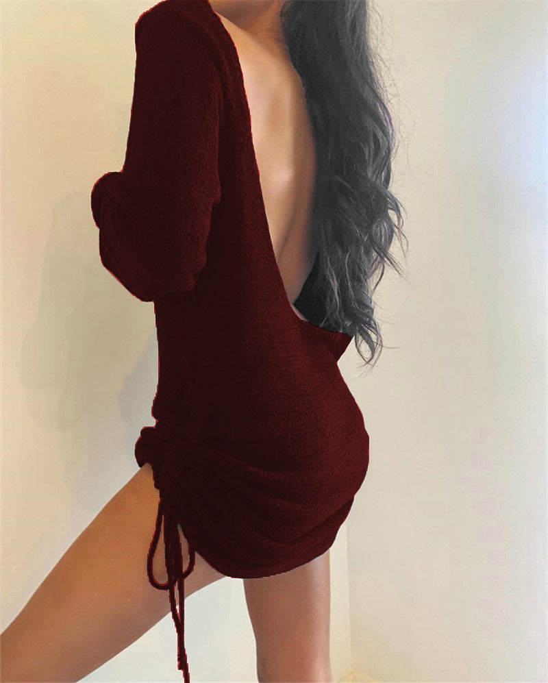 Women Autumn Casual Basic U-neck Drawstring Solid Color Backless Knitted Mini Dress