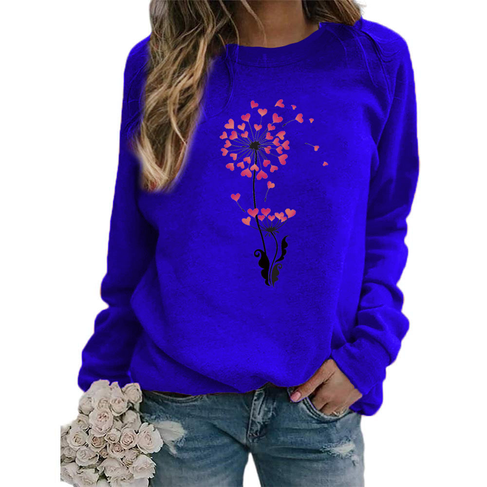 Sudadera holgada informal con estampado de diente de león y corazón para mujer, cuello redondo y manga larga