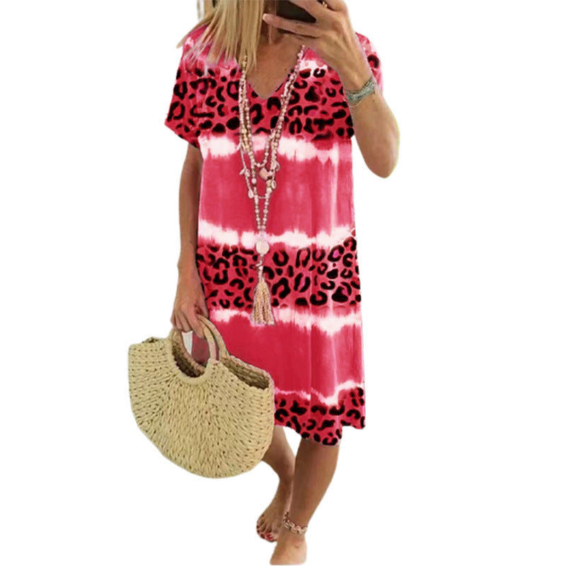 Vestido holgado informal de manga corta con cuello en V y estampado de leopardo para mujer
