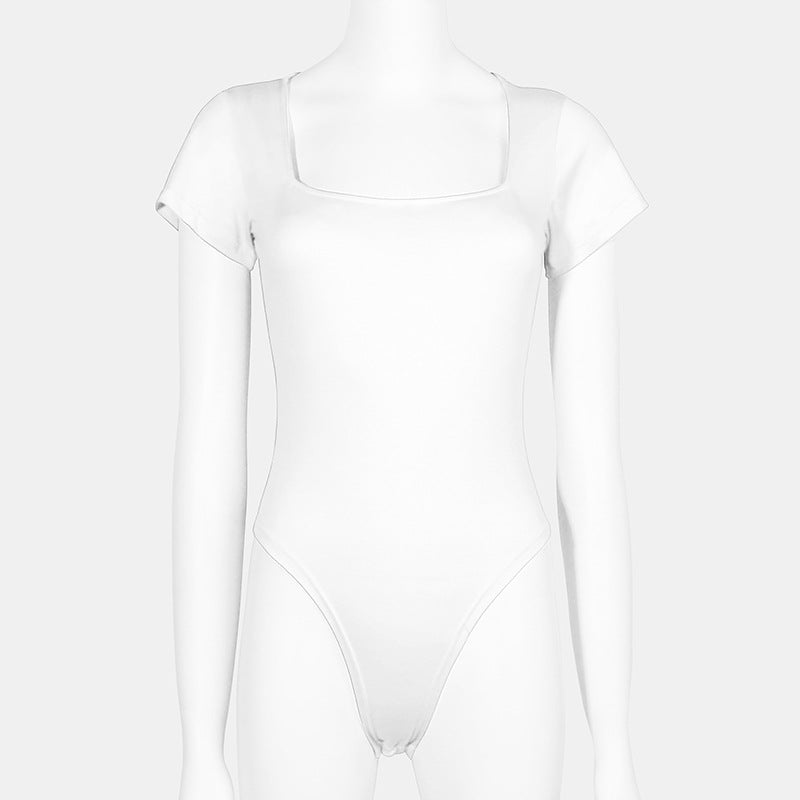 Women Fashion Casual Square Collar Tight Basic Solid Color Slim-Fit Plus Size Short-Sleeve Bodysuit