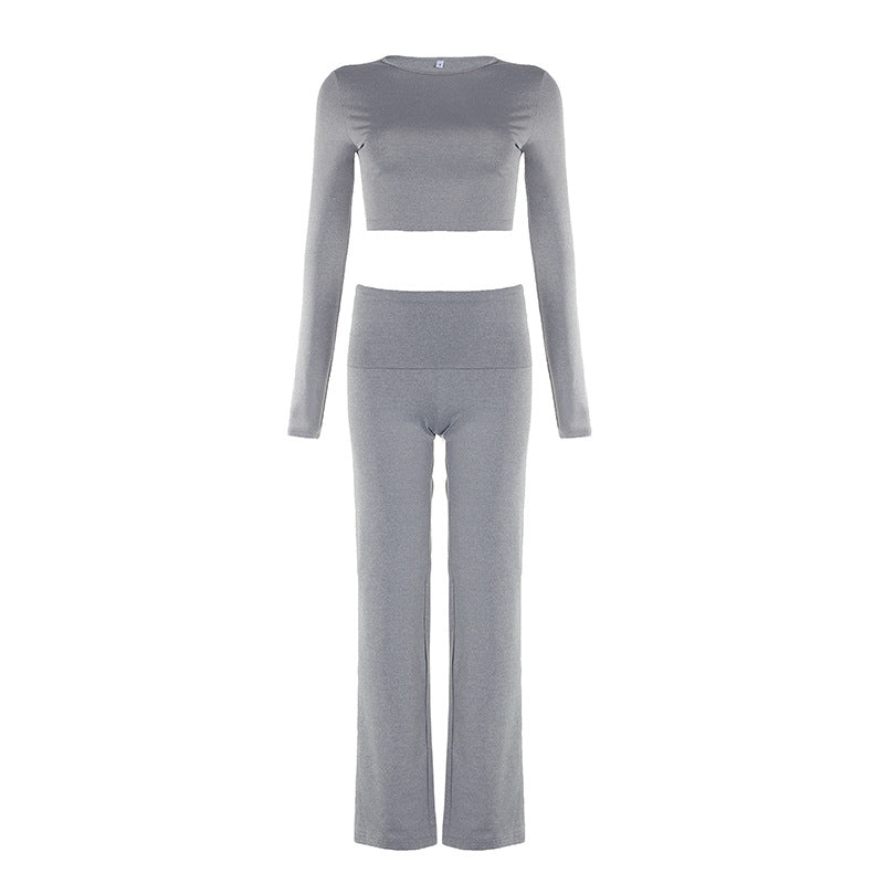 Conjunto de dos piezas informal para mujer, color liso, cuello redondo, manga larga, top corto, pantalones rectos