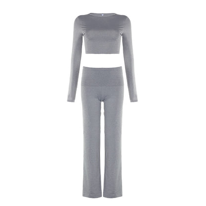 Conjunto de dos piezas informal para mujer, color liso, cuello redondo, manga larga, top corto, pantalones rectos