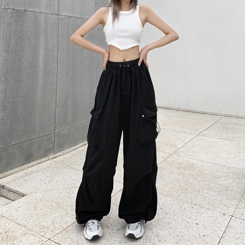 Pantalones cargo holgados de pierna de color sólido estilo retro informal para mujer