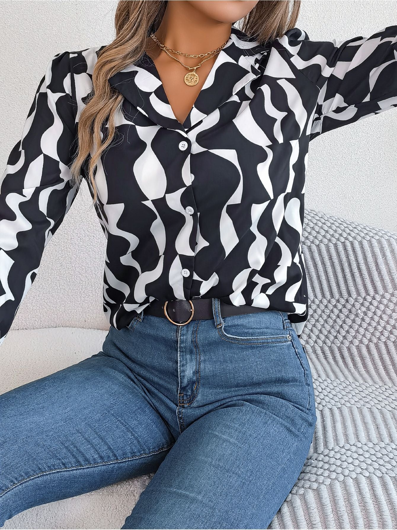 Blusa informal de manga larga a rayas con bloques de color para oficina a la moda para mujer