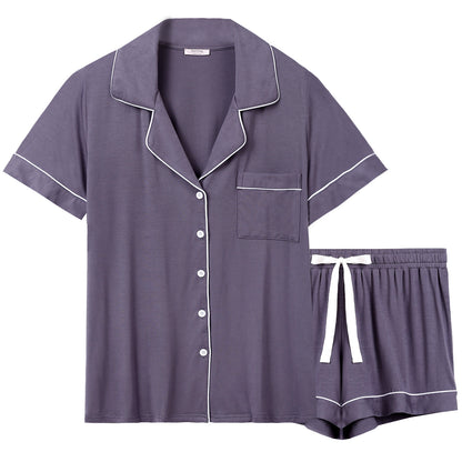 Pijama de dos piezas de verano para mujer, transpirable, informal, con solapa y manga corta.
