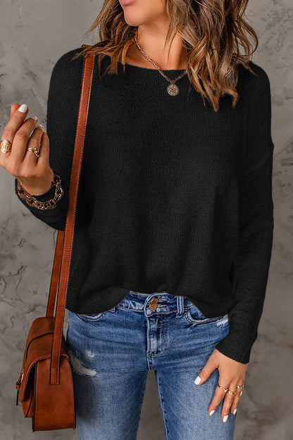 Women Casual Solid Color Round Neck Long Sleeve Knitted Sweater