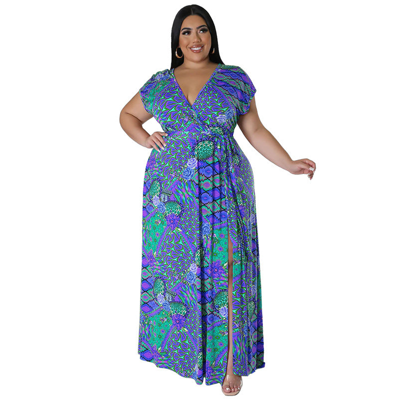Women Casual Loose Boho Floral Printed V- Neck Short Sleeve Defined Waist Front Split Dress