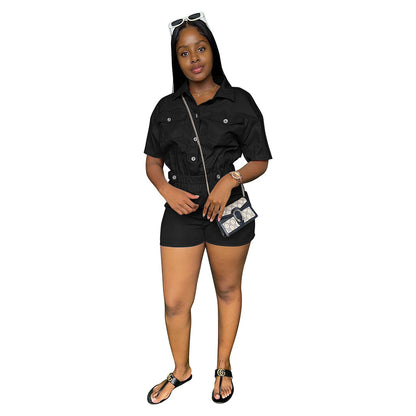 Women Summer Casual Style Single Breasted Buckle Pocket Short Sleeve Solid Cargo Rompers
