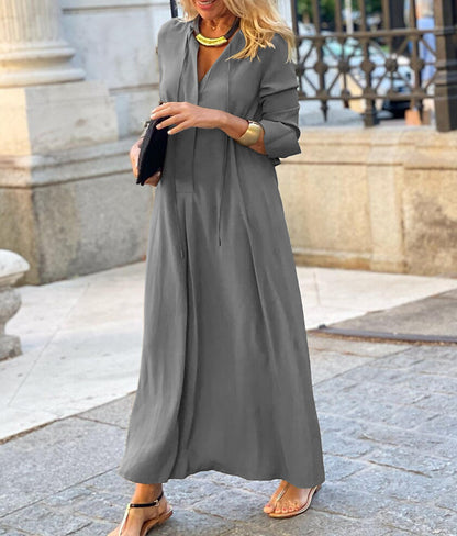 Women Solid Color Lapel Long Sleeve Loose Casual Long Dress
